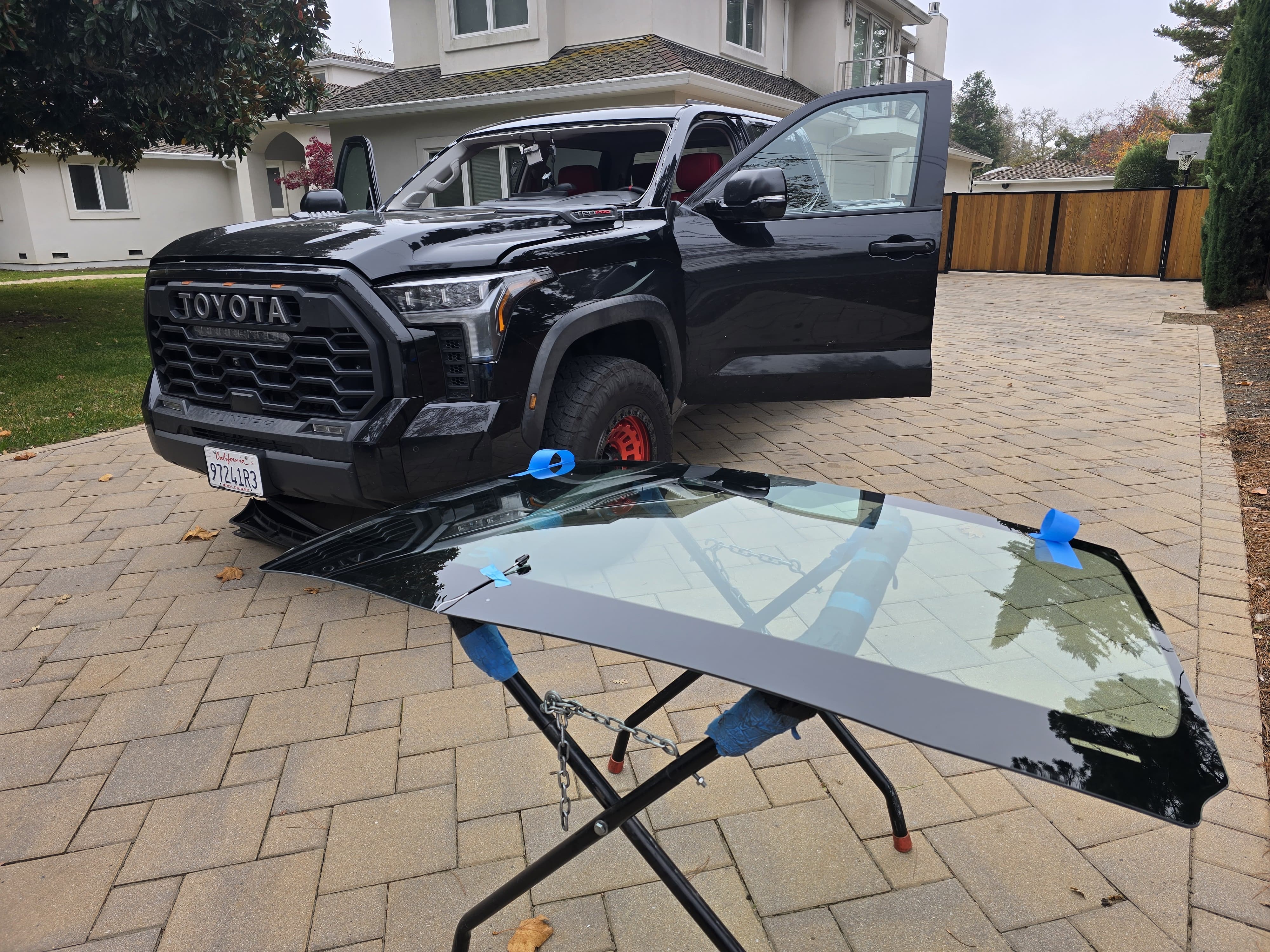 Black Toyota Tundra TRD Pro with windshield removed during mobile windshield replacement service by Auto Glass of Bellevue