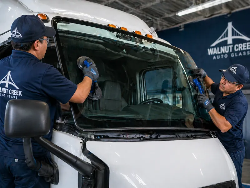 Two Auto Glass of Bellevue technicians replacing a commercial truck windshield